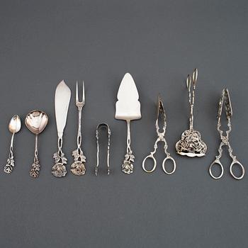 Tårtbestick, tårtgafflar, skedar mm, modell ”Rosen”, 33 delar, silver, GEWE, Malmö, 1960/70-tal.