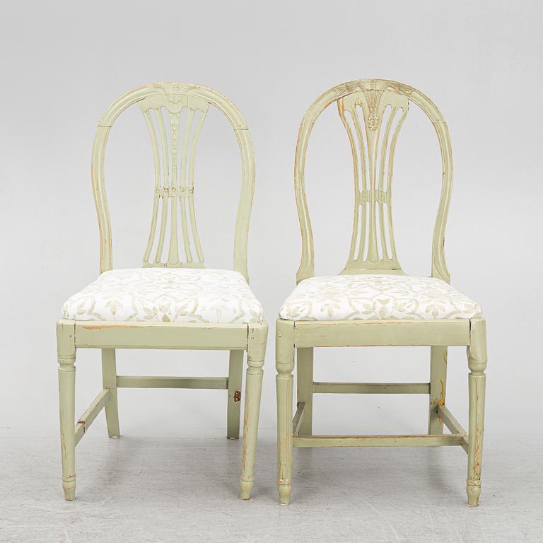 Chairs, 6 pieces, late Gustavian, likely from Lindome, similar in style, circa 1800.