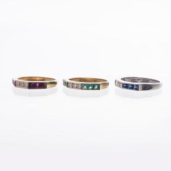 RINGAR, 3 st, 18K vitt- och gult guld, diamanter, rubiner, safirer, smaragder. Vikt totalt ca 10,2 g.