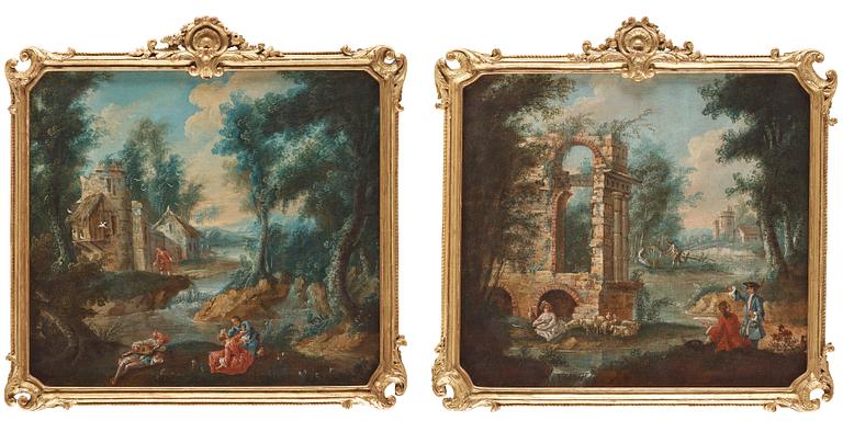 FRENCH ARTIST 18th CENTURY. A pair of overdoors with a shephard scene with bird house and  a shephard scene with ruin.