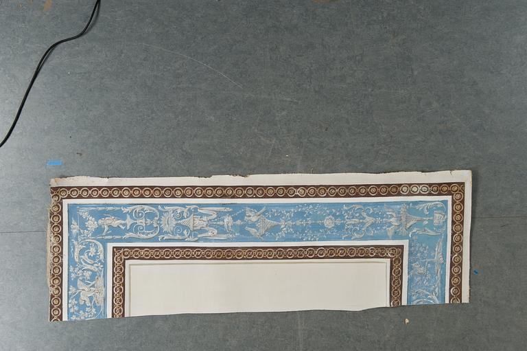 Fourteen pieces of late Gustavian wall covers of painted canvas.