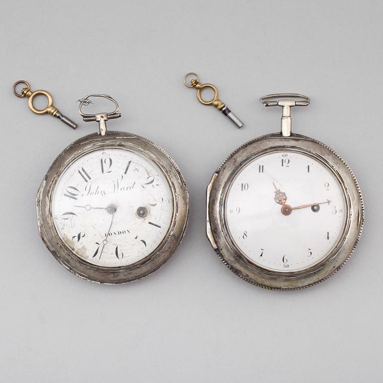 SPINDELUR, 2 st, silver, John Ward, London, omkring år 1800.