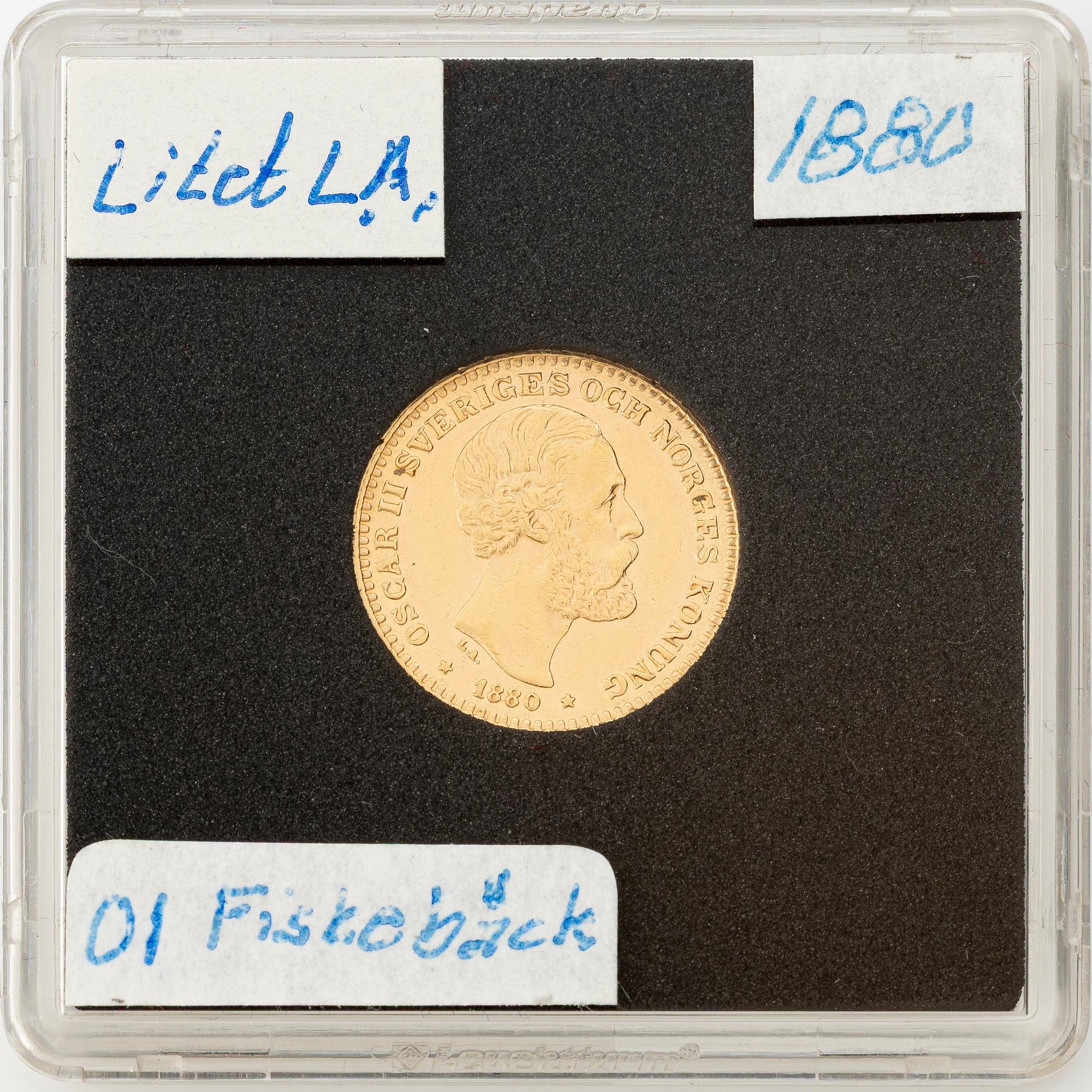 Gold coin, Oscar II, 10 kronor, type II, Sweden 1880.