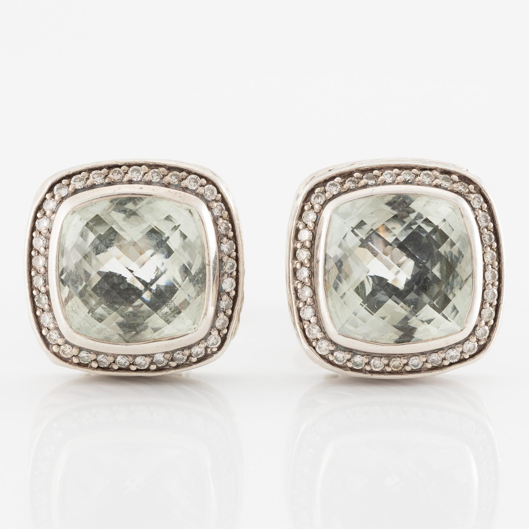 Earrings, silver with checkerboard-cut green quartz and brilliant-cut diamonds. David Yurman.