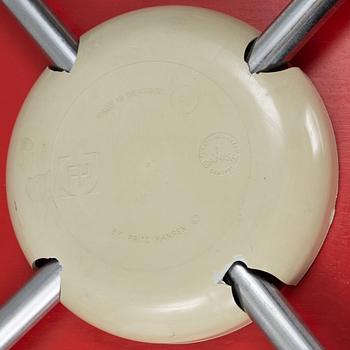 Arne Jacobsen, five red 'Series 7' chairs, Fritz Hansen, Denmark, 1972.