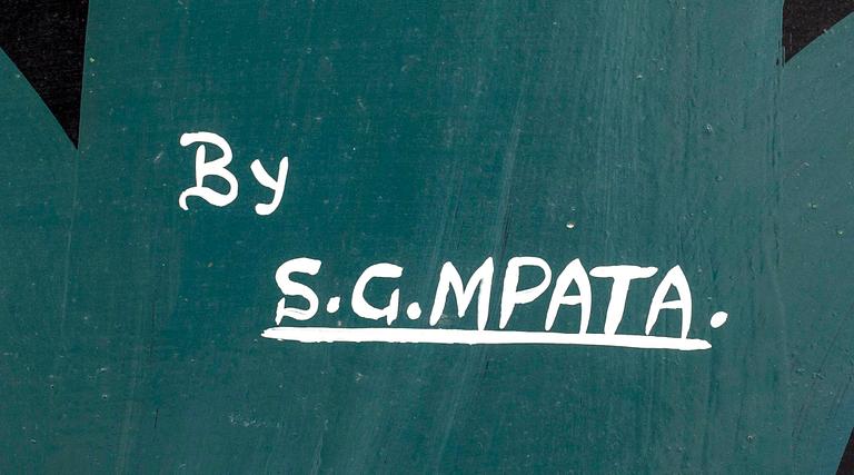 Seymond George Mpata, cykellack på masonit, sk. Tingatinga-måleri, signerad, 1970-tal.