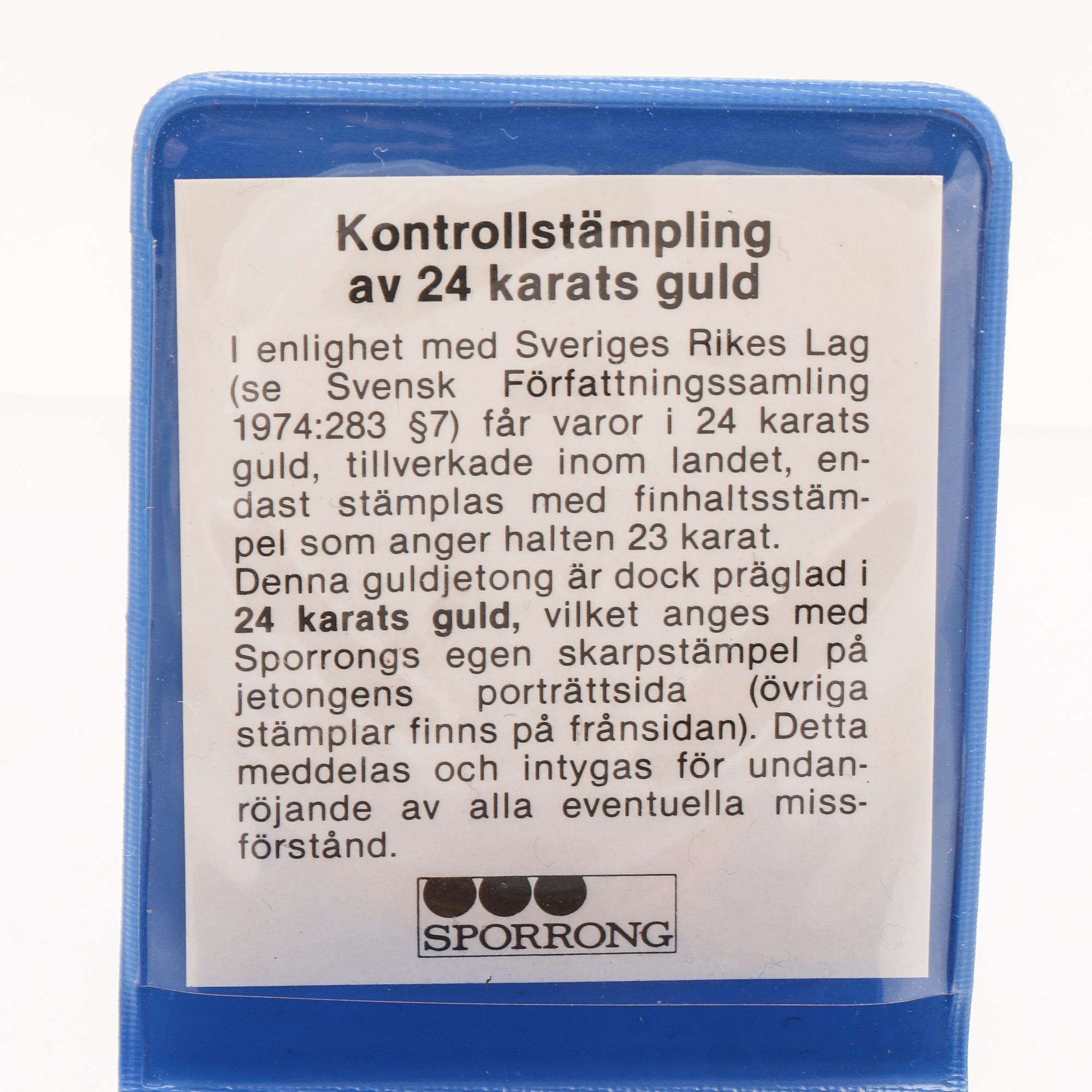 Medalj 23K (24K) guld Sporrong 1978.