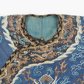 A five clawed dragon kesi robe on blue ground, Jifu, Qing dynasty, 19th Century.