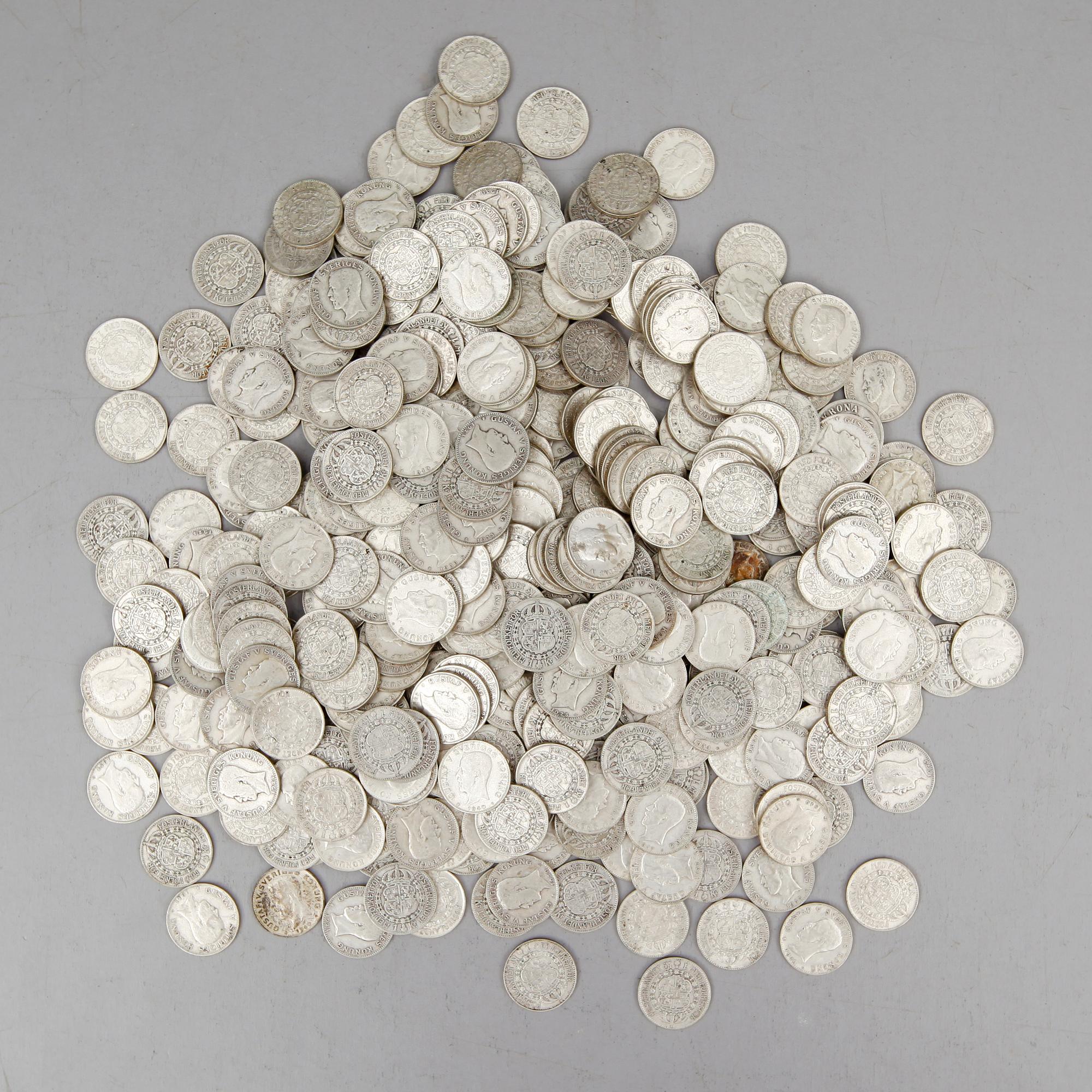 SAMLING SILVERMYNT, enkronor, Gustaf V, 1910-1941. Vikt ca 3000 gram.