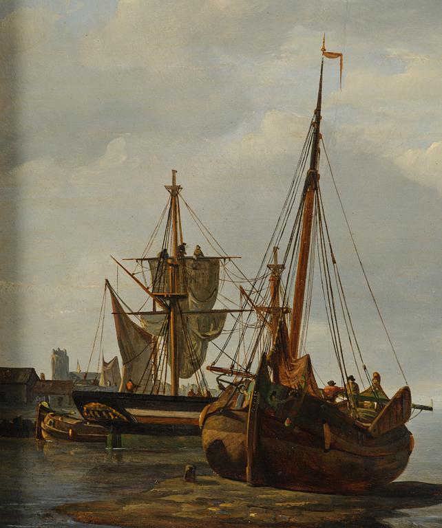 François Carlebur, Fishing boats on the shore and a frigate at anchor.