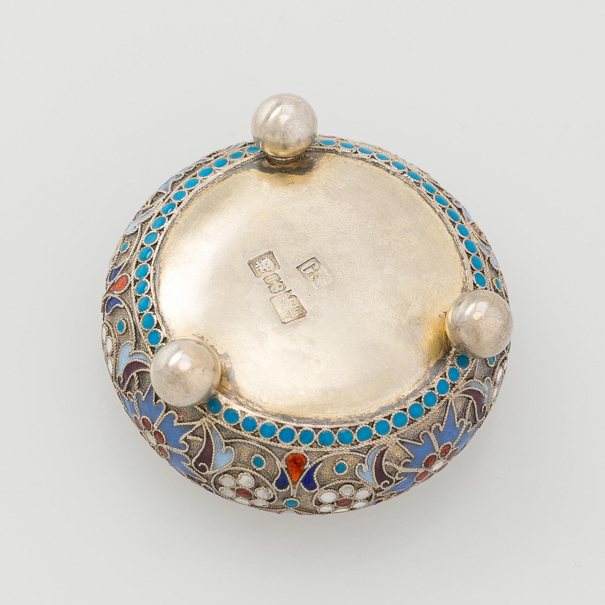 A silver parcel-gilt, cloisonné enamel salt cellar, 1890s.