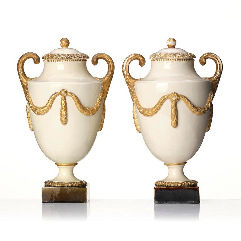 A pair of cream ware vases with cover, Marieberg, late 18th century.