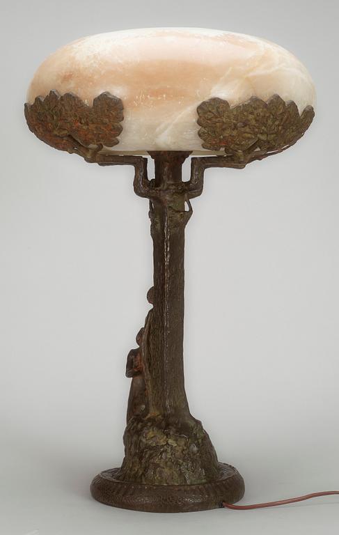 A Karl Hultström Art Nouveau patinated bronze and alabaster table lamp by Nordiska Kompaniet, Stockholm circa 1900.