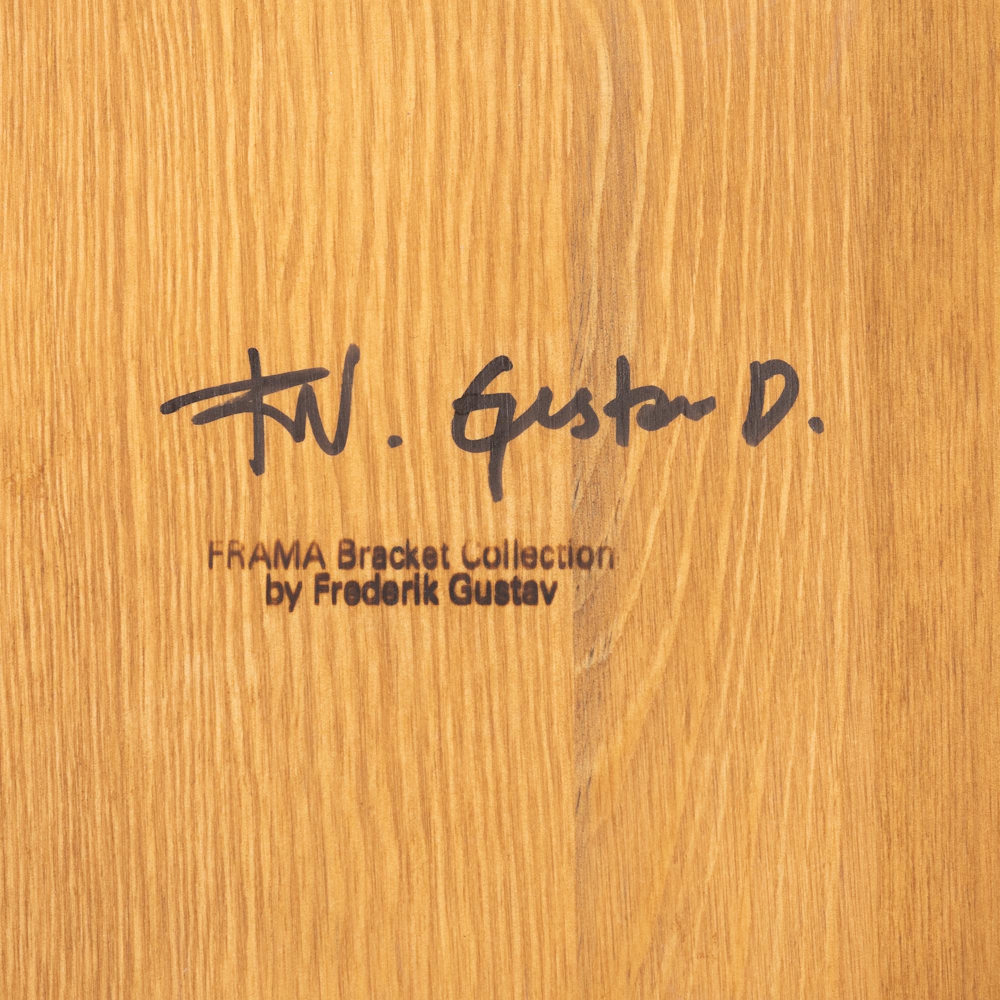 A set of six signed stained pine 'Bracket Chairs' by Frederik Gustav for Frama, Copenhagen 2023.