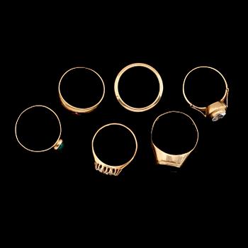 RINGAR, 6 st, 18K guld och olika stenar bl a röktopas. Total vikt ca