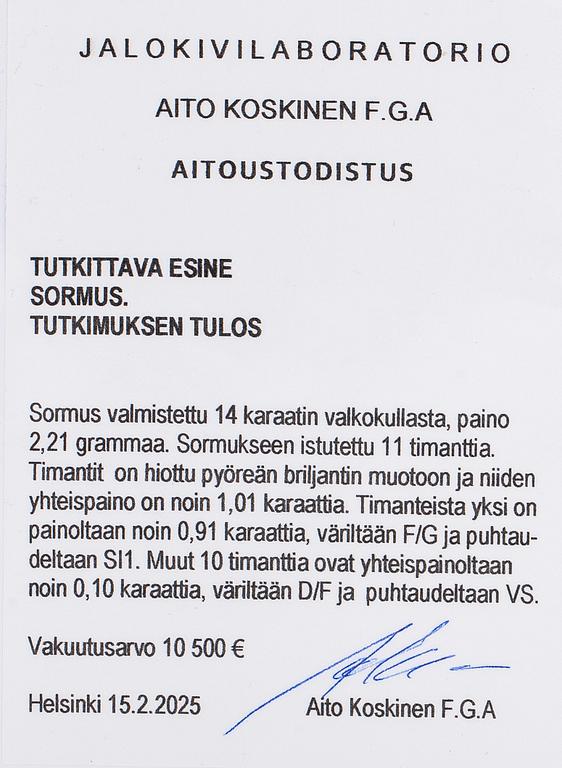 Sormus, 14K valkokultaa, ja briljanttihiottuja timantteja.