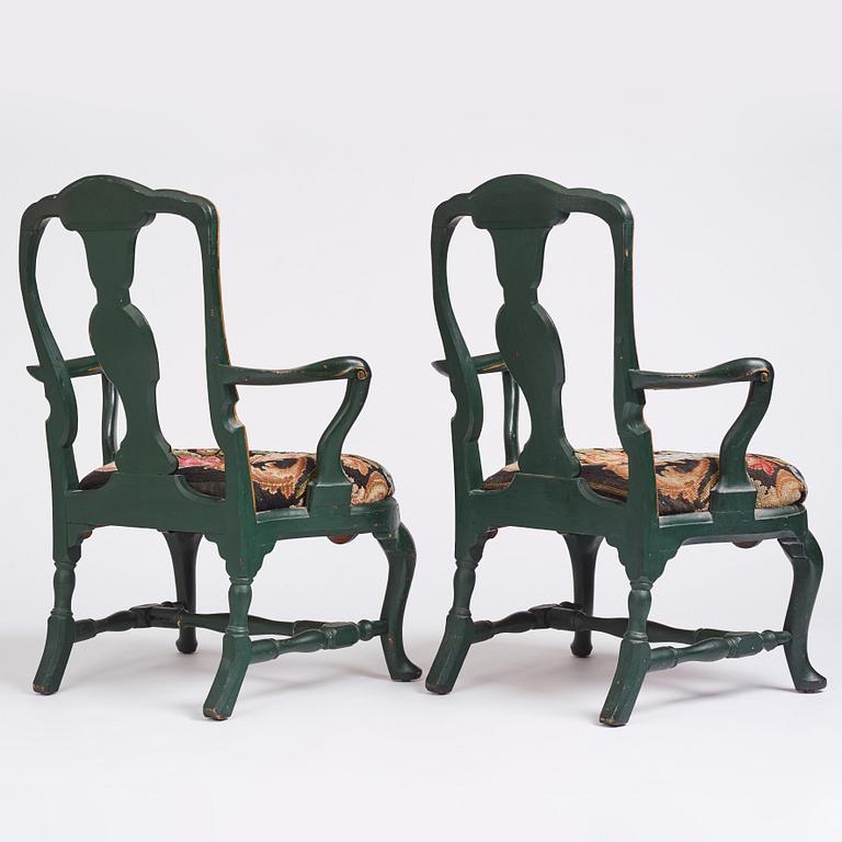 A pair of Swedish Rococo armchairs, second part of the 18th century.