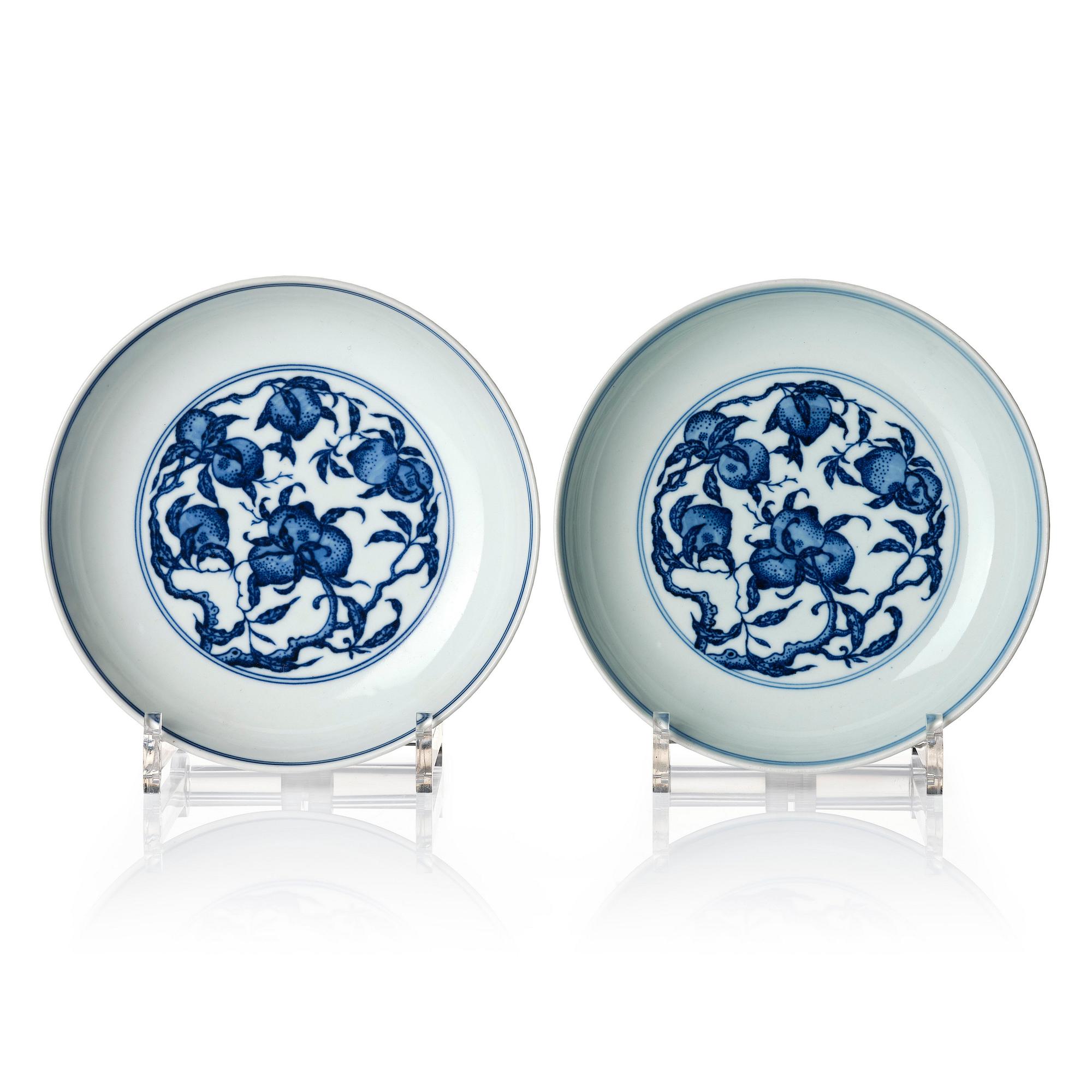 A pair of blue and white nine peaches dishes, presumably Republic, with Yongzheng mark.