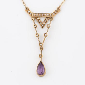 Necklace, 14K gold with amethyst and seed pearls.