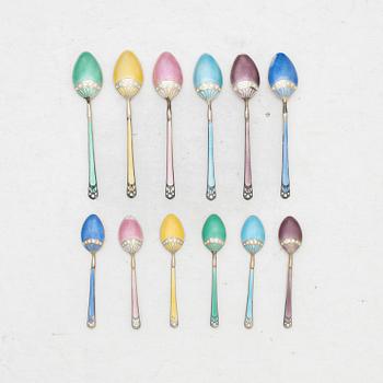 Turner & Simpson Ltd, a set of silver and enamel mocha spoons, Birmingham 1960-1961 (6+6 pcs).