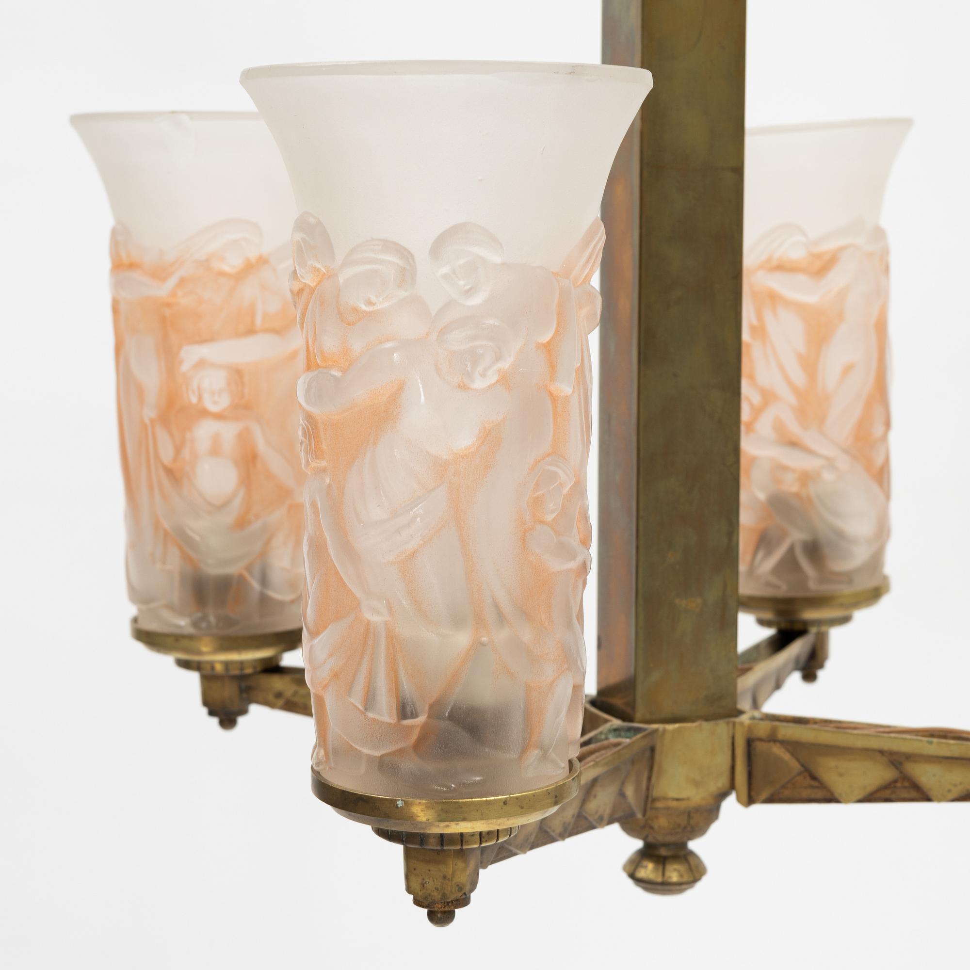 A brass and glass Art Deco ceiling light, probably France, first half of the 20th Century.