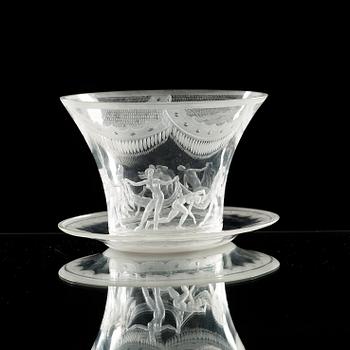 Simon Gate, a 'Slöjdansen' glass bowl with stand, Orrefors, Sweden 1926.