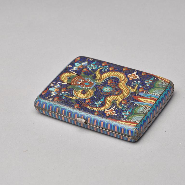 A Chinese cloisonné cigarette box, early 20th Century. Unidentified makers mark.