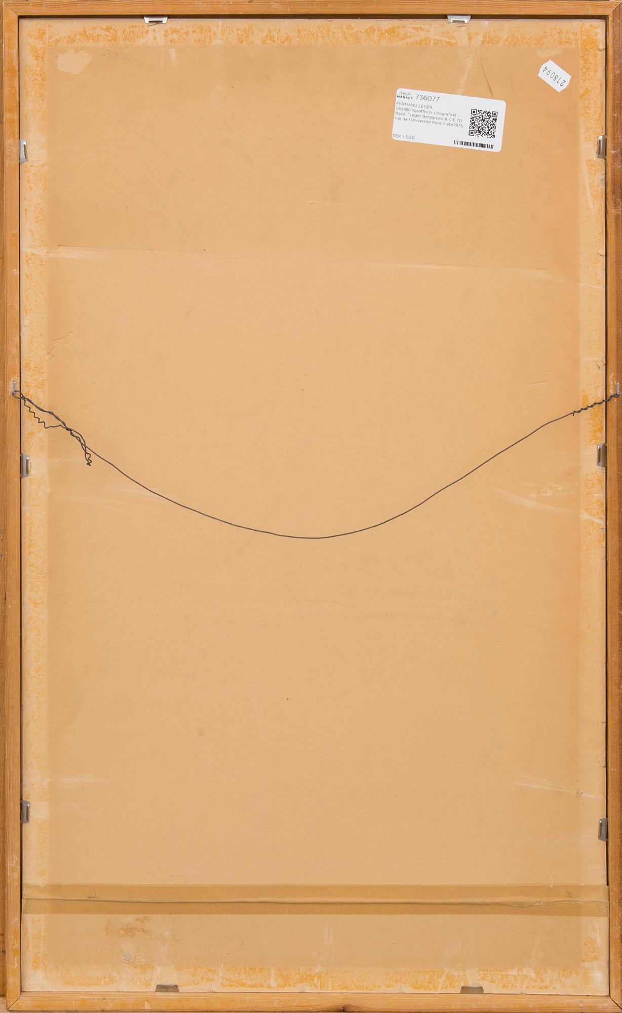 FERNAND LÉGER, utställningsaffisch. Litografiskt tryck. "Leger Berggruen & CIE 70 rue de I'Université Paris 7 été 1975.