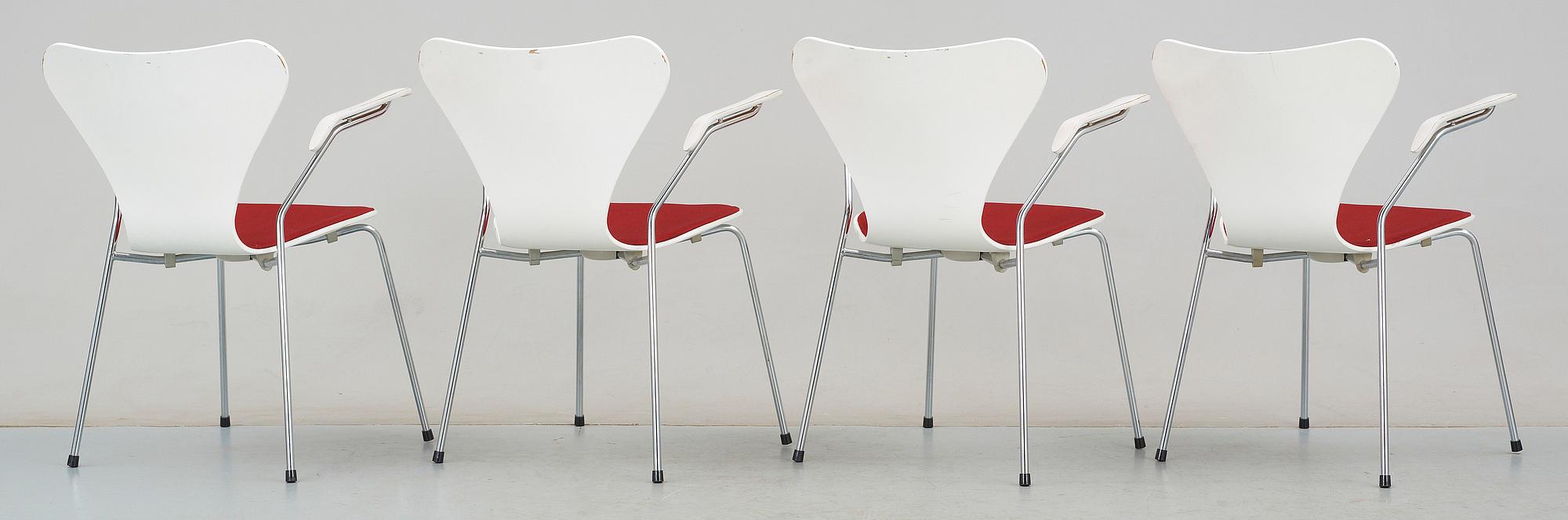 KARMSTOLAR, 4 st, "Sjuan", Arne Jacobsen, Fritz Hansen, formgiven 1955.