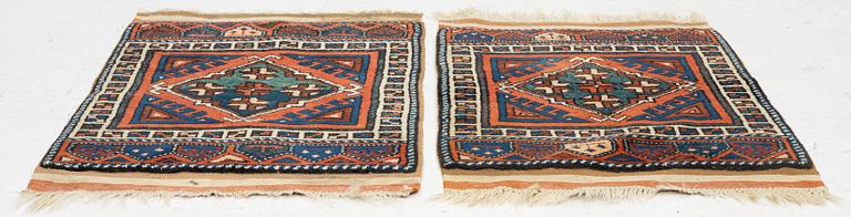 A pair, semi-antique rug, Döşemealtı, Antalya region, Turkey, ca 75 x 77 cm.