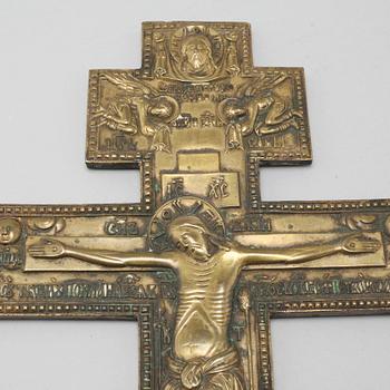 A Russian brass icon crucifix, ca turn of the century 1900.