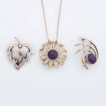 Victor Janson, two brooches  and necklace, silver, with amethyst.