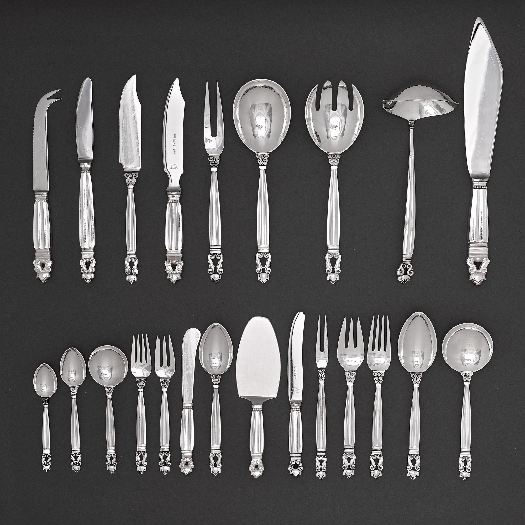 Johan Rohde, bestickuppsättning, "Konge/Acorn" 168 delar, Georg Jensen, Köpenhamn efter 1945, sterling och rostfritt stål.