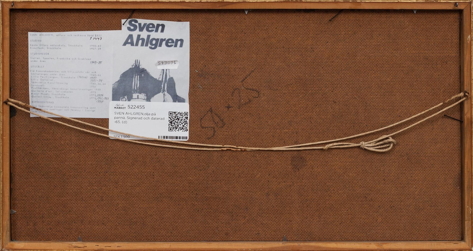 SVEN AHLGREN,olja på pannå. Signerad och daterad -65.