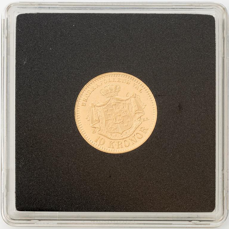 Gold coin, Oscar II, 10 kronor, type II, Sweden 1883.