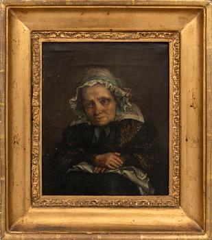 Okänd konstnär 1800-tal , Porträtt av äldre dam i spetsmössa.