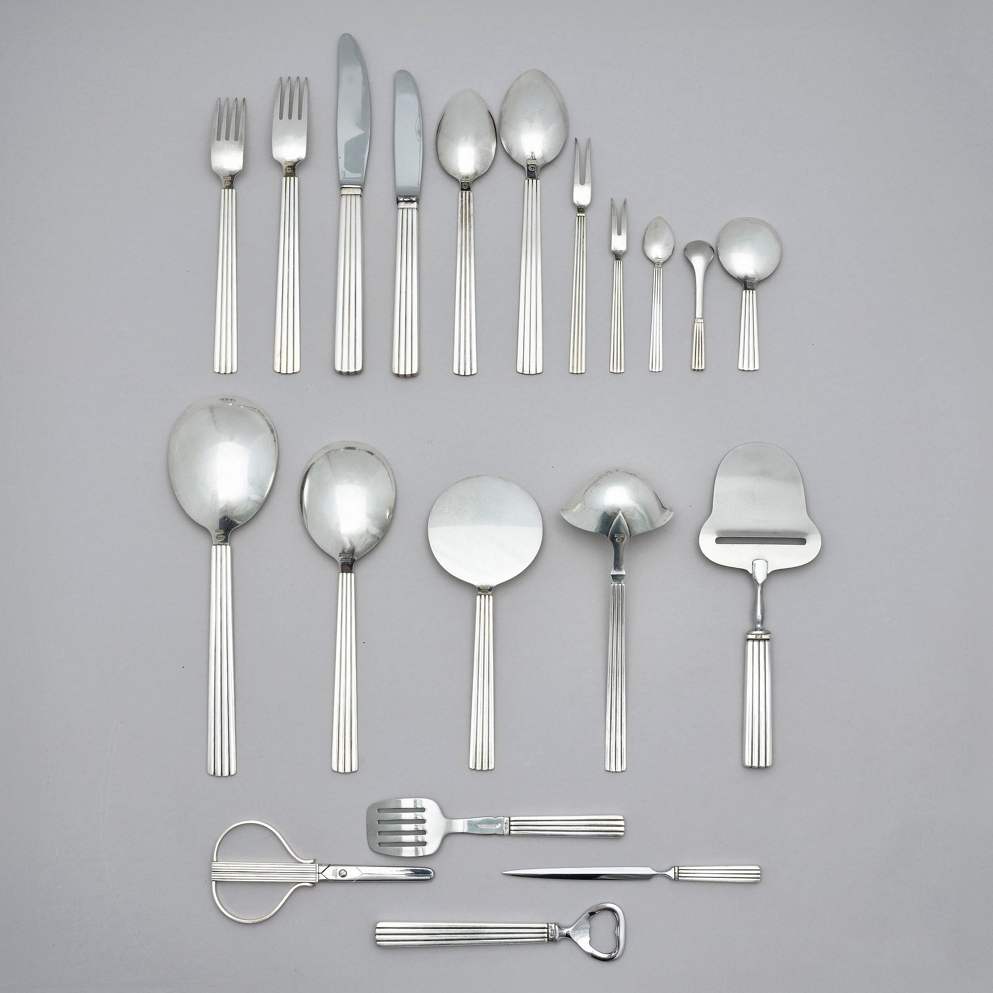 Georg Jensen, a set of 91 pcs of 'Bernadotte' sterling and stainless steel flatware, Copenhagen after 1945.