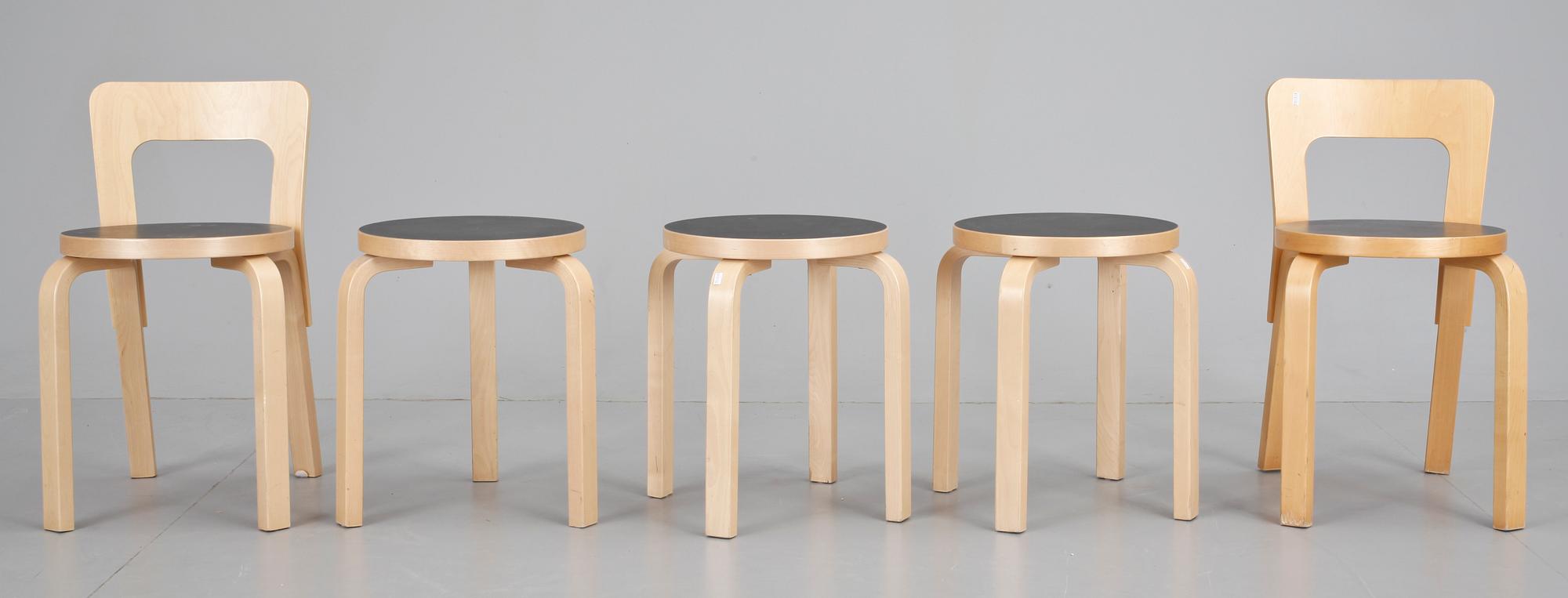 STOLAR 2st samt PALLAR 2+1. Modell 65, E60 resp 60. Alvar Aalto, Artek.