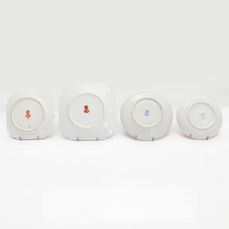 A 2-pcs set of porcelain cups with saucers, Kuznetsov and two plates, Gardner, various years 1880-1917.