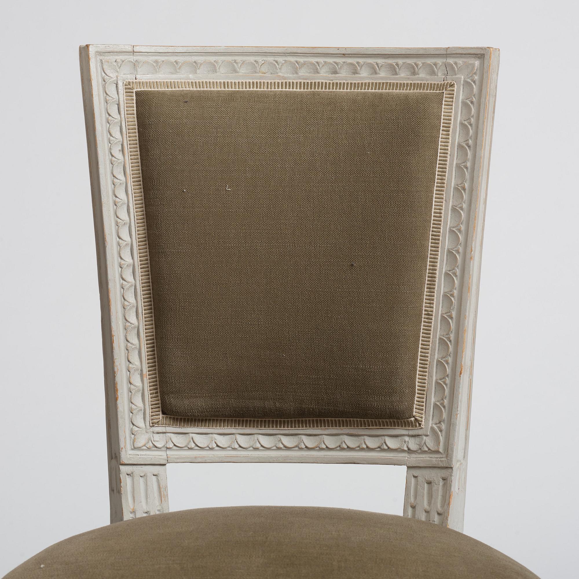 Stolar 12 stycken, av bl,a J Ruste, E Ståhl, J Lindgren, Stockholmsarbeten 1700-talets senare del, Sengustavianska.