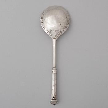 A possilbly Danish 17th century silver spoon, unmarked, dated 1654.