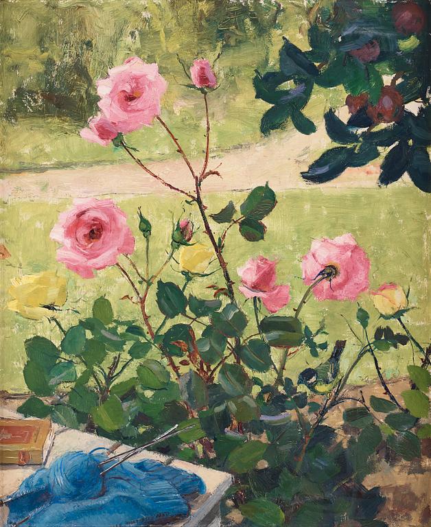 Olle Hjortzberg, Still life with roses and blue knitting.