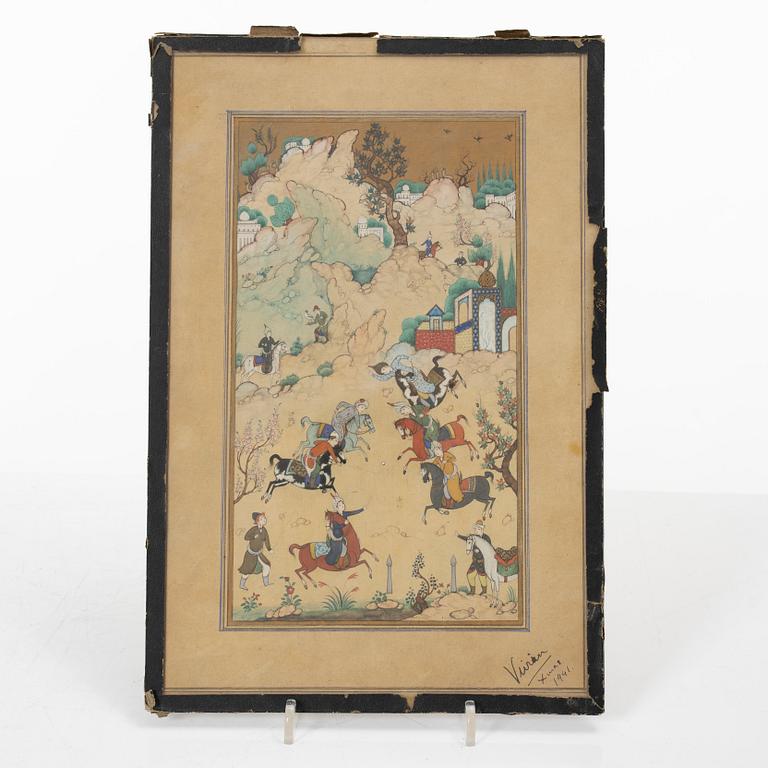 Manuskriptsidor/målningar, tre stycken, Persien/Iran, sen Qajardynasti / 1900-talets första del.