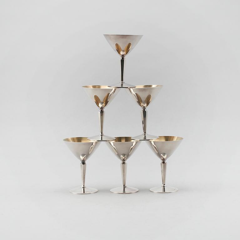 COCKTAILGLAS, 6 st, silver, Ceson och K&EC, Göteborg, 1972 och 1975. Vikt ca 329 g.