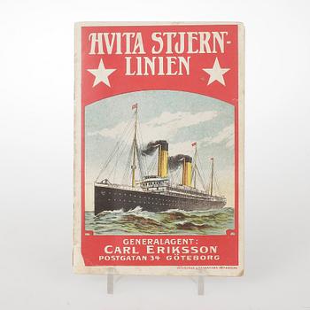 BROSCHYR. "HVITA STJERN LINIEN", "WHITE STAR LINE", Generalagent Carl Eriksson, Göteborgs Litografiska Aktiebolag, 1907.