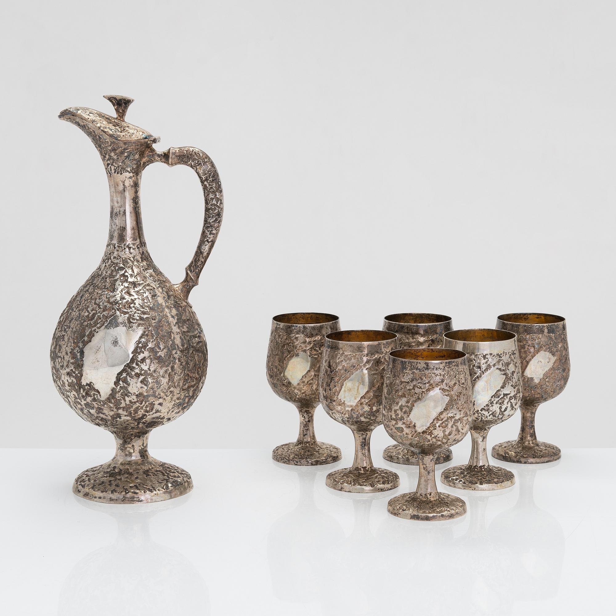Pekka Turtiainen, a silver ewer and six goblets, Finland 1977.