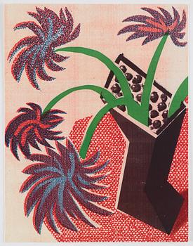 David Hockney, "Flowers, apple and pear on table".