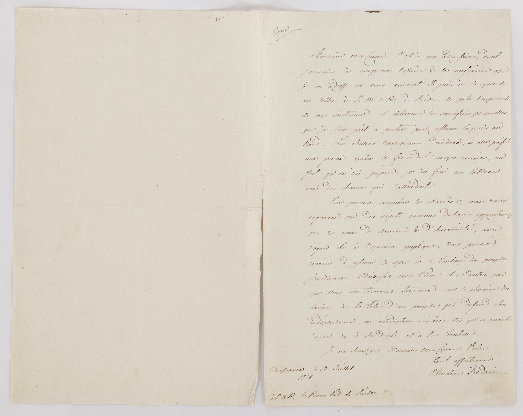 SAMTIDA BREVAVSKRIFTER, 4 st, Prins Christian Fredrik av Danmark-Kronprins Karl Johan av Sverige, Juli-Augusti 1814.