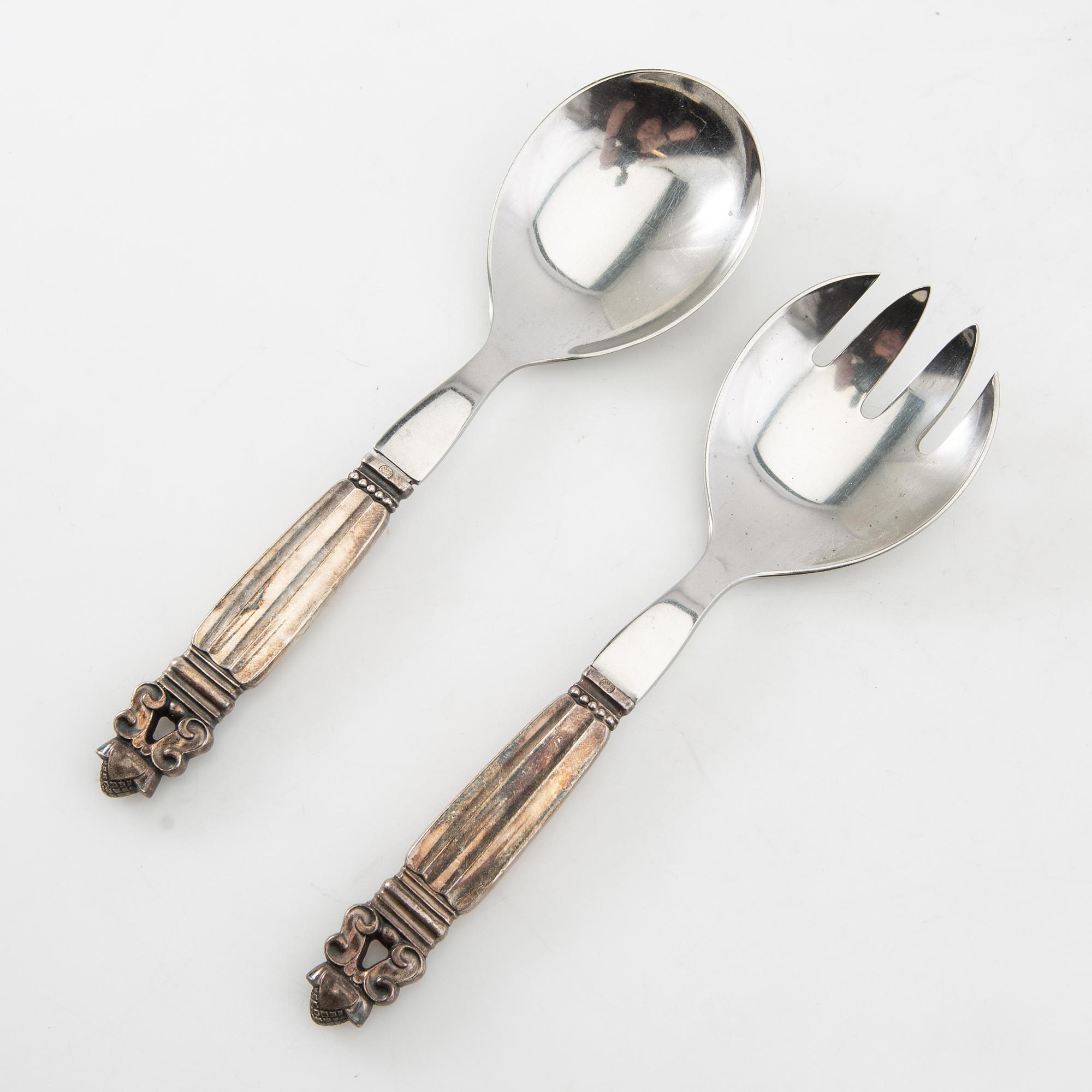 Johan Rohde, salad servers, a pair, sterling silver, "Konge/Acorn", Georg Jensen, Denmark, after 1945.