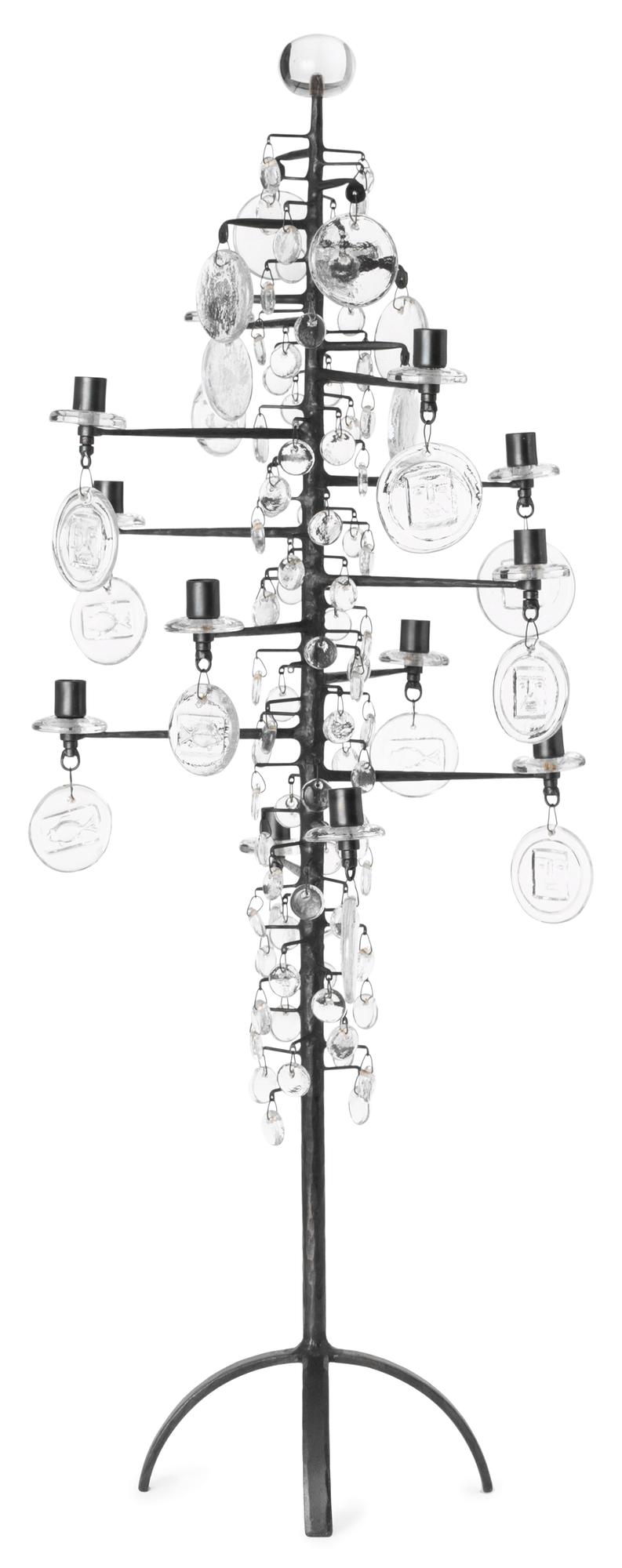 An Erik Höglund  floor candelabrum för 12 candles, iron and glassprisms, Boda Glasbruk & Smide, 1970's.